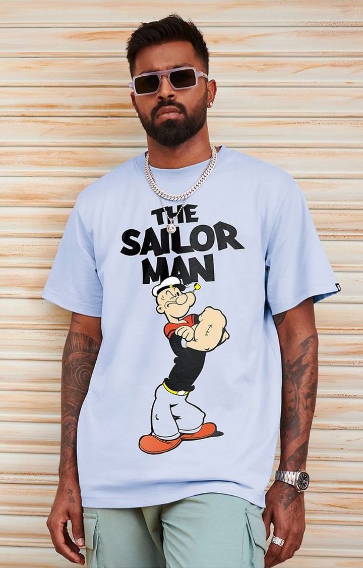 The Souled Store | Men's Popeye: The Sailor Man Blue Printed Oversized T-Shirt