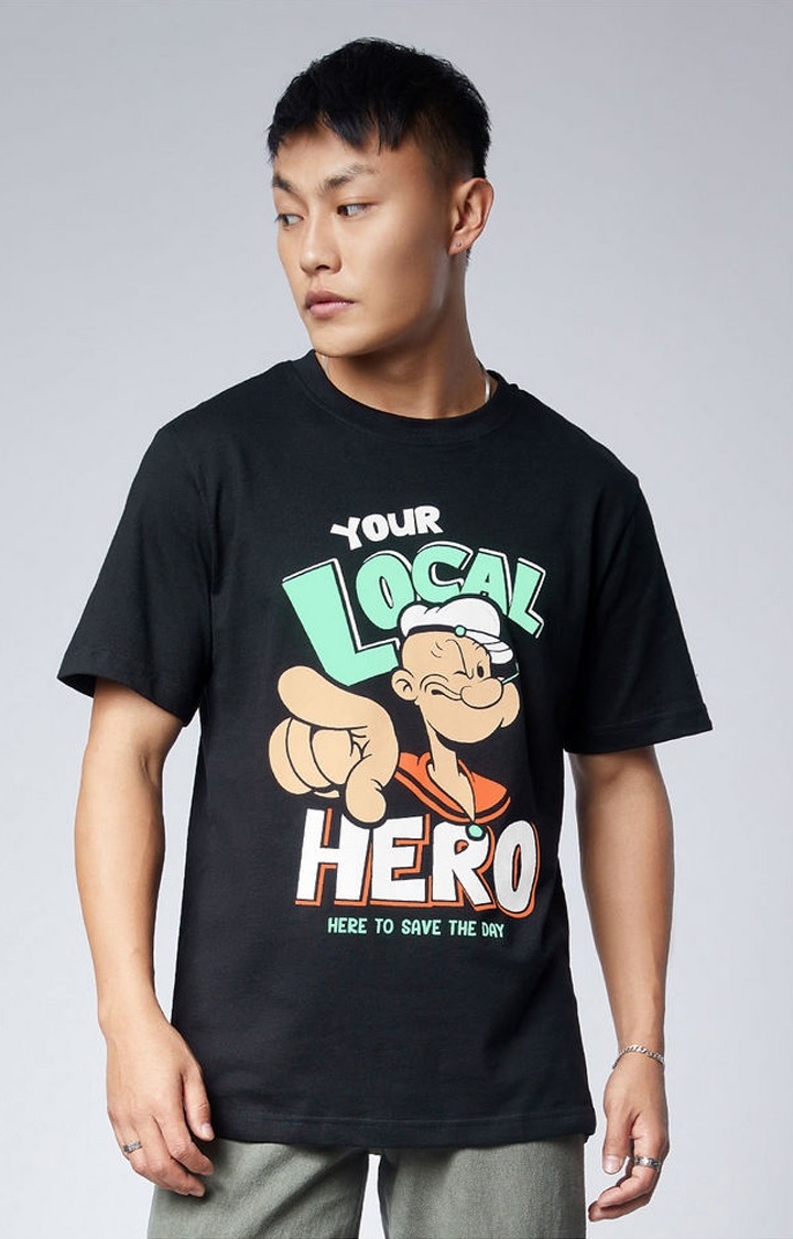 Men's Popeye: Local Hero Black Printed Oversized T-Shirt
