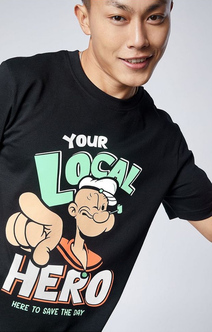 Men's Popeye: Local Hero Black Printed Oversized T-Shirt
