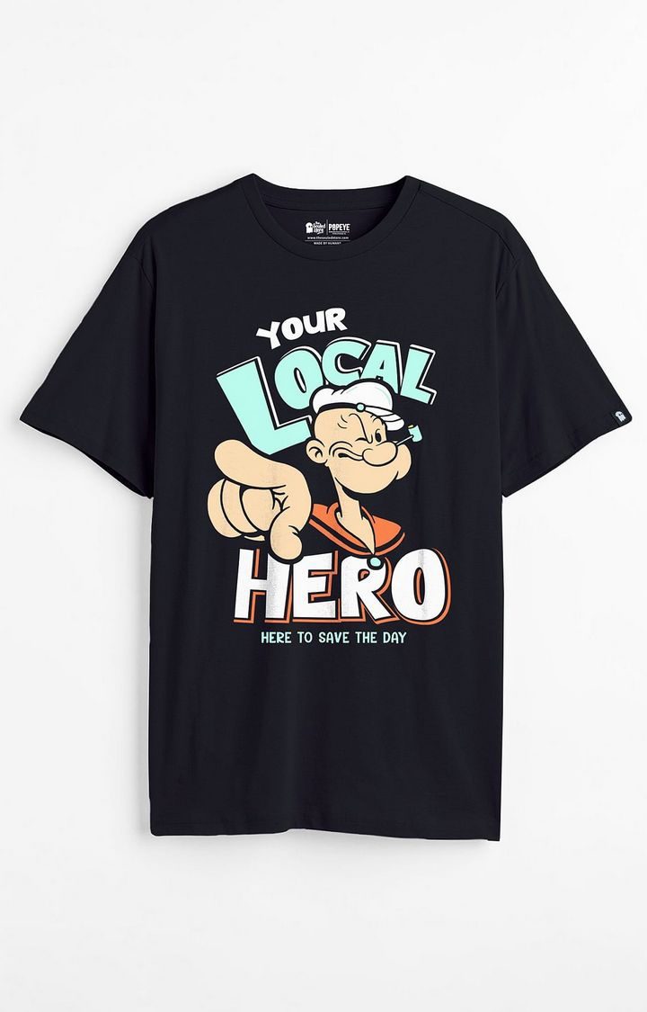 Men's Popeye: Local Hero Black Printed Oversized T-Shirt