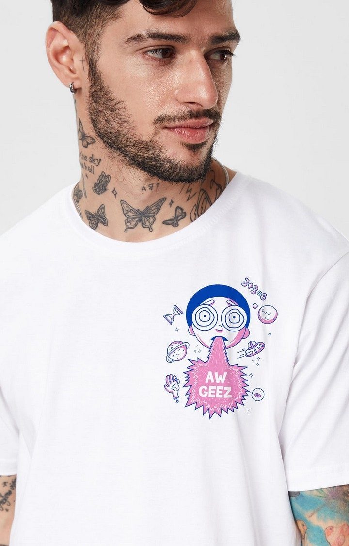 Men's Rick And Morty: Aw Geez White Printed Oversized T-Shirt