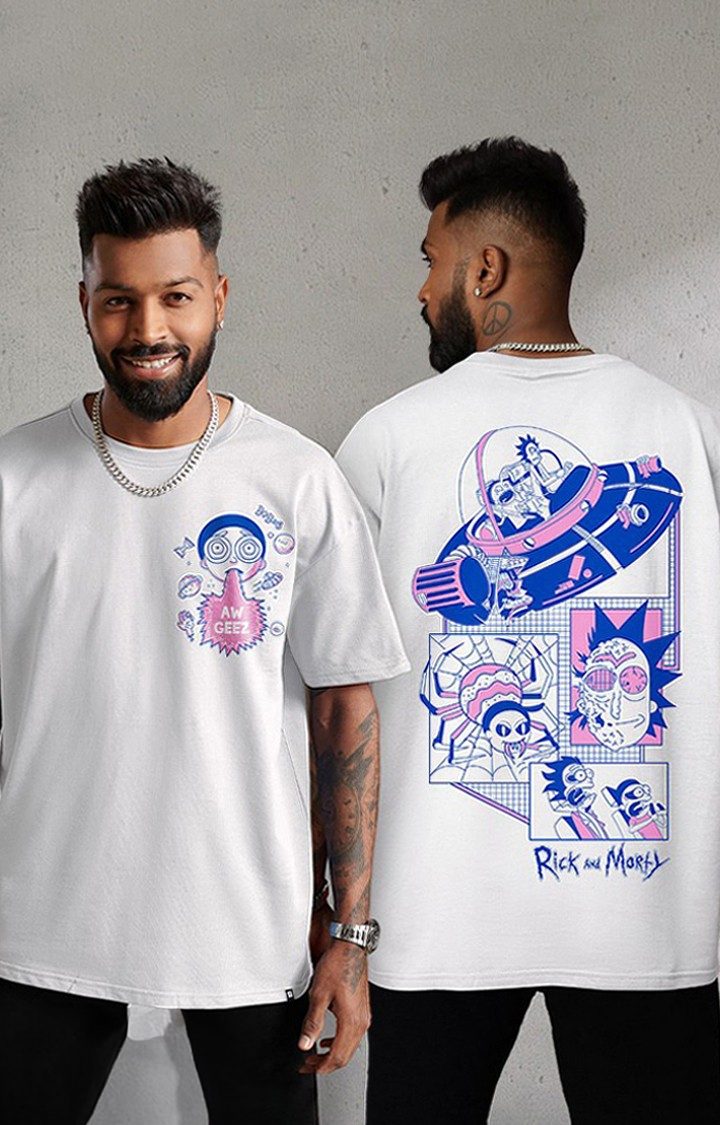 Men's Rick And Morty: Aw Geez White Printed Oversized T-Shirt