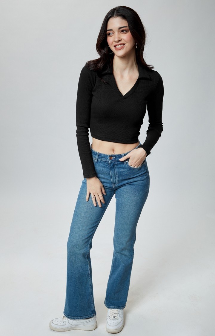 Women's Solids: Black (V-Neck) Women's Cropped Polo T-Shirt