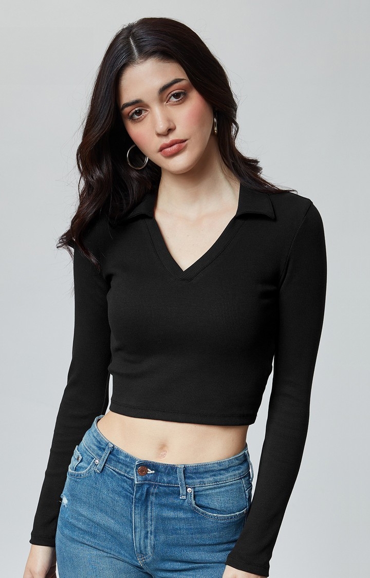The Souled Store | Women's Solids: Black (V-Neck) Women's Cropped Polo T-Shirt