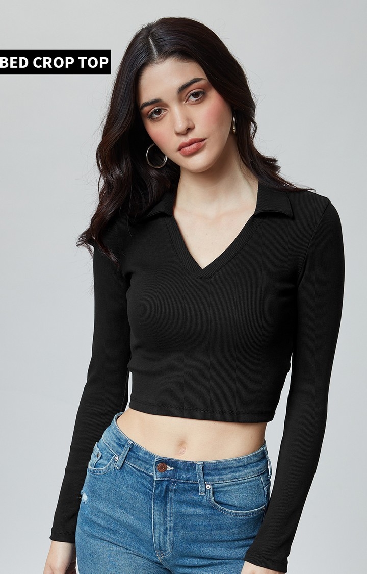 The Souled Store | Women's Solids: Black (V-Neck) Women's Cropped Polo T-Shirt