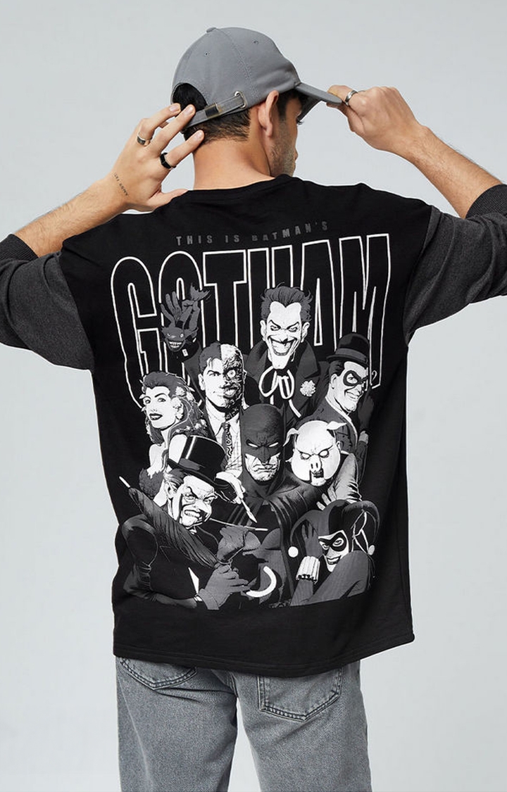 Men's Batman: Gotham City Black Printed Oversized T-Shirt