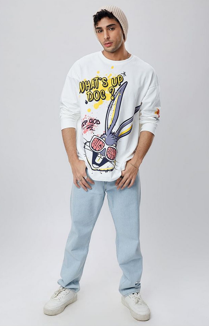 Men's Looney Tunes: What's Up Doc White Printed Oversized T-Shirt