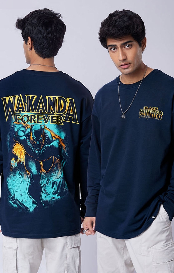 Men's Black Panther: Wakanda Forever Blue Printed Oversized T-Shirt