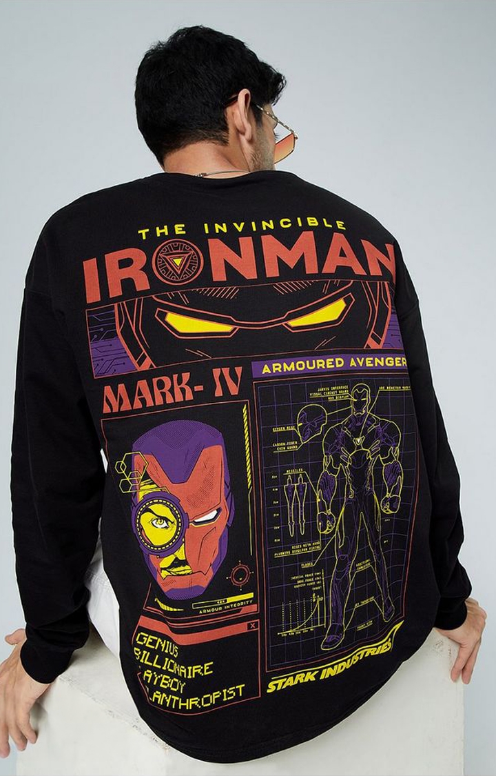 Men's Iron Man: The Invincible Black Printed Oversized T-Shirt