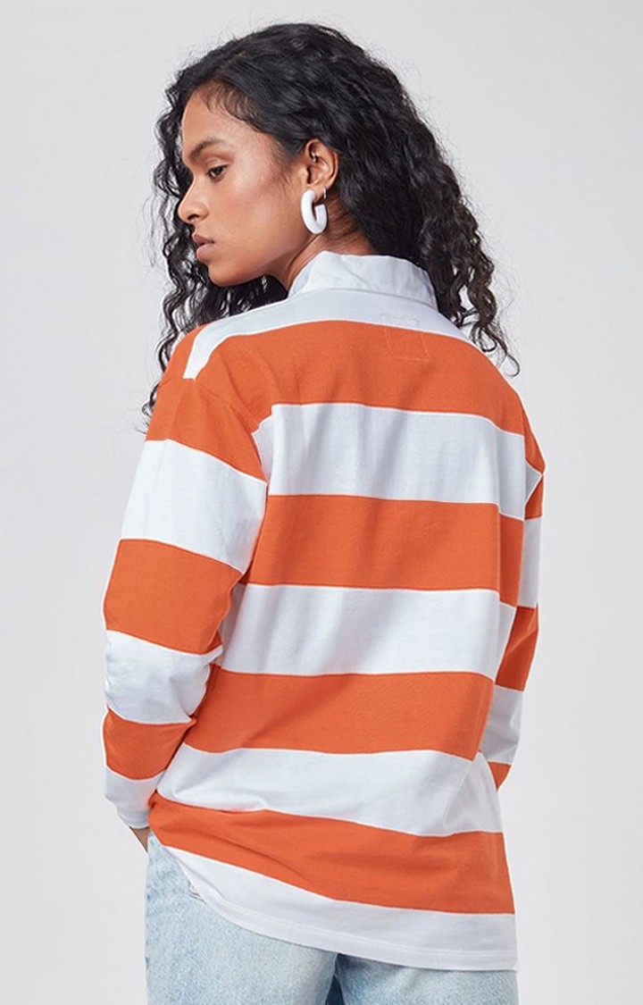Women's Orange & White Striped Polo T-Shirts