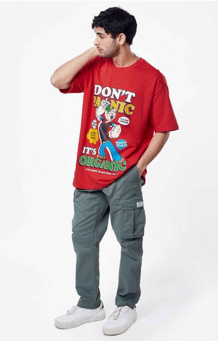 The Souled Store | Men's Popeye: Don't Panic Red Printed Oversized T-Shirt