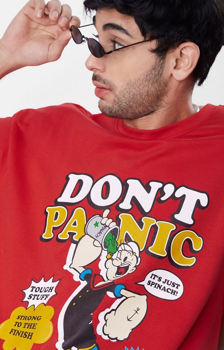 Men's Popeye: Don't Panic Red Printed Oversized T-Shirt