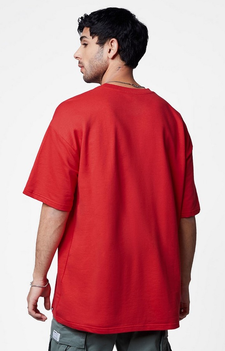 Men's Popeye: Don't Panic Red Printed Oversized T-Shirt
