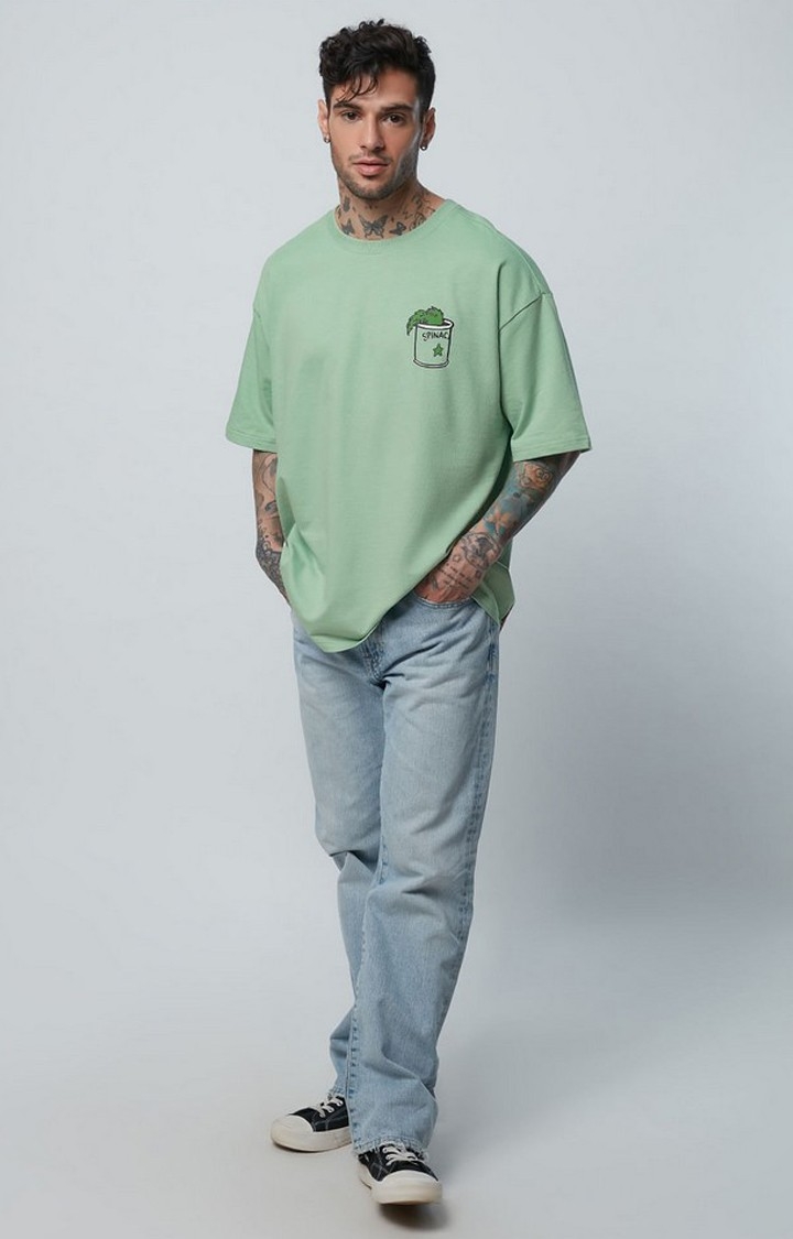 Men's Popeye: Spinach Power Green Printed Oversized T-Shirt