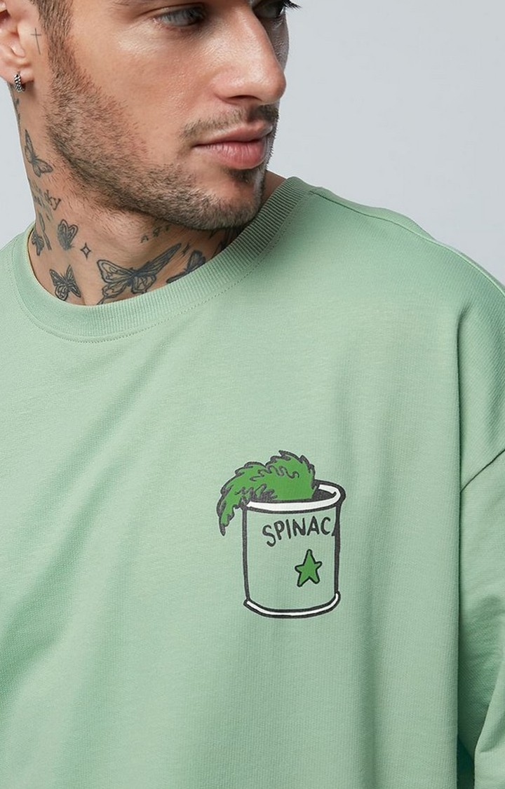 Men's Popeye: Spinach Power Green Printed Oversized T-Shirt