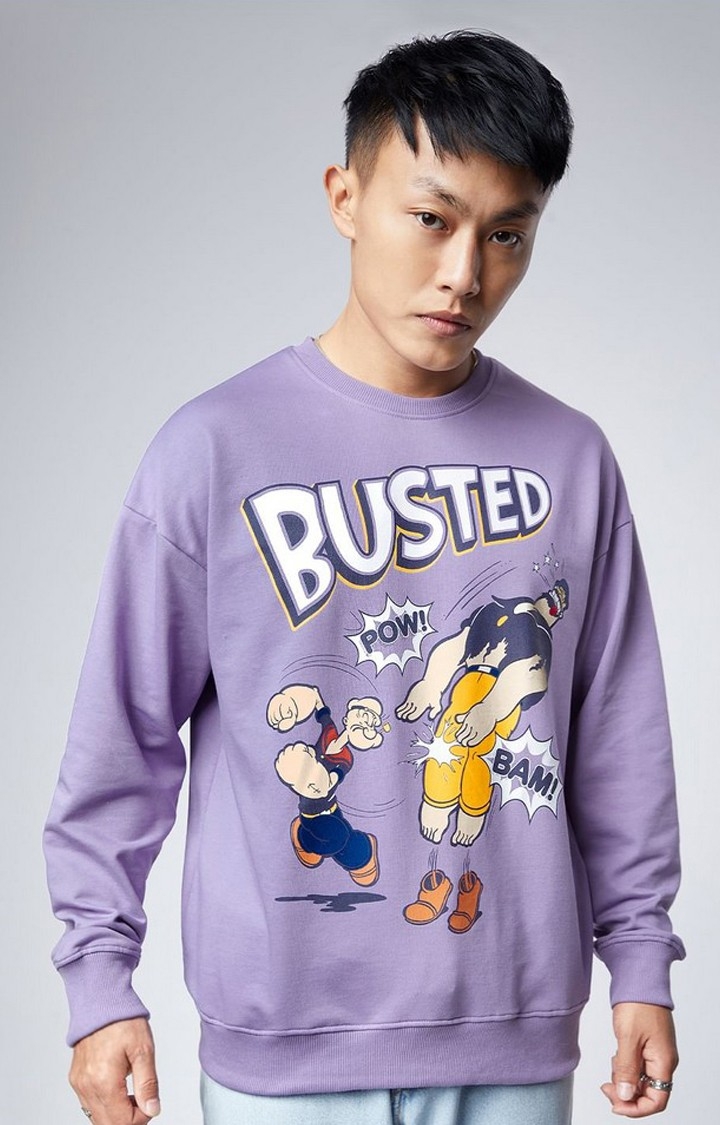 Men's Popeye: Busted Purple Printed Oversized T-Shirt