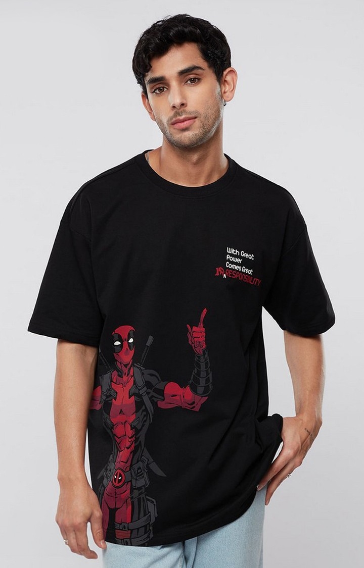 Men's Deadpool: Great Irresponsibility Black Printed Oversized T-Shirt