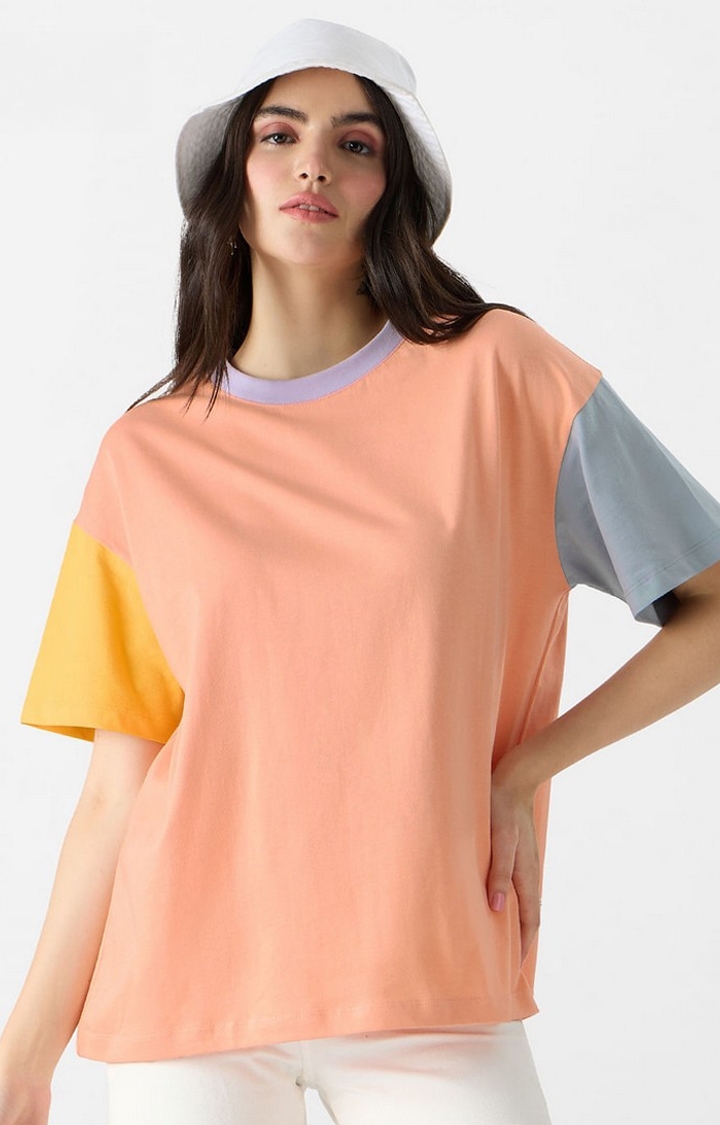 Women's Solids: Yellow, Pink & Grey Colourblock Women's Oversized T-Shirt