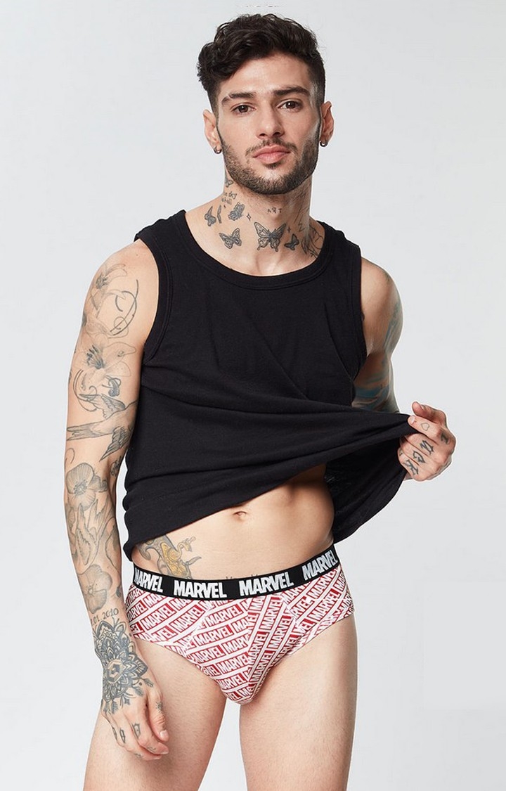 Men's Red & White Official Marvel: Logo Pattern Briefs Underwear