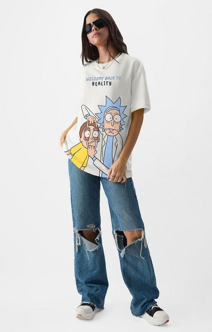 Women's Rick and Morty: Reality White Printed Oversized T-Shirt