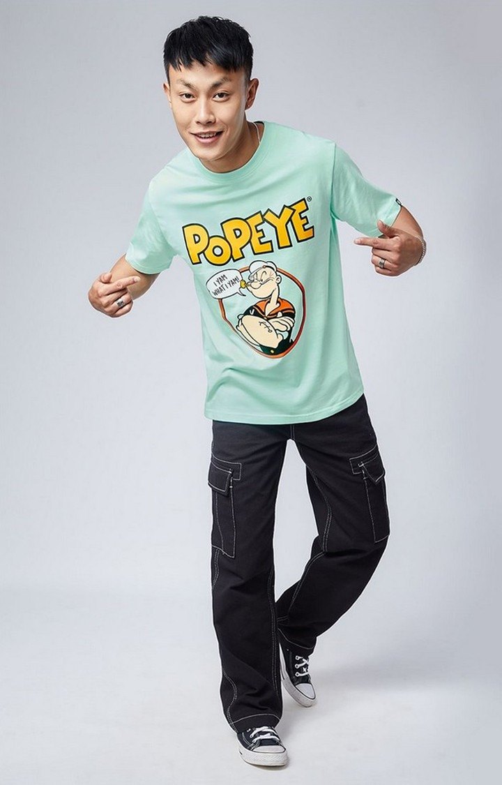 Men's Popeye: I Yam What I Yam Green Printed Oversized T-Shirt