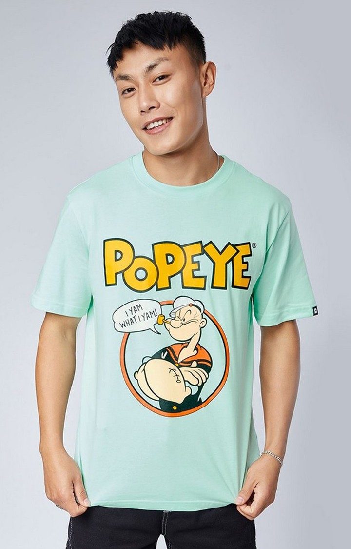 Men's Popeye: I Yam What I Yam Green Printed Oversized T-Shirt