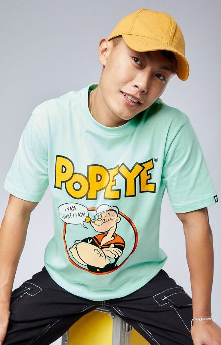 Men's Popeye: I Yam What I Yam Green Printed Oversized T-Shirt