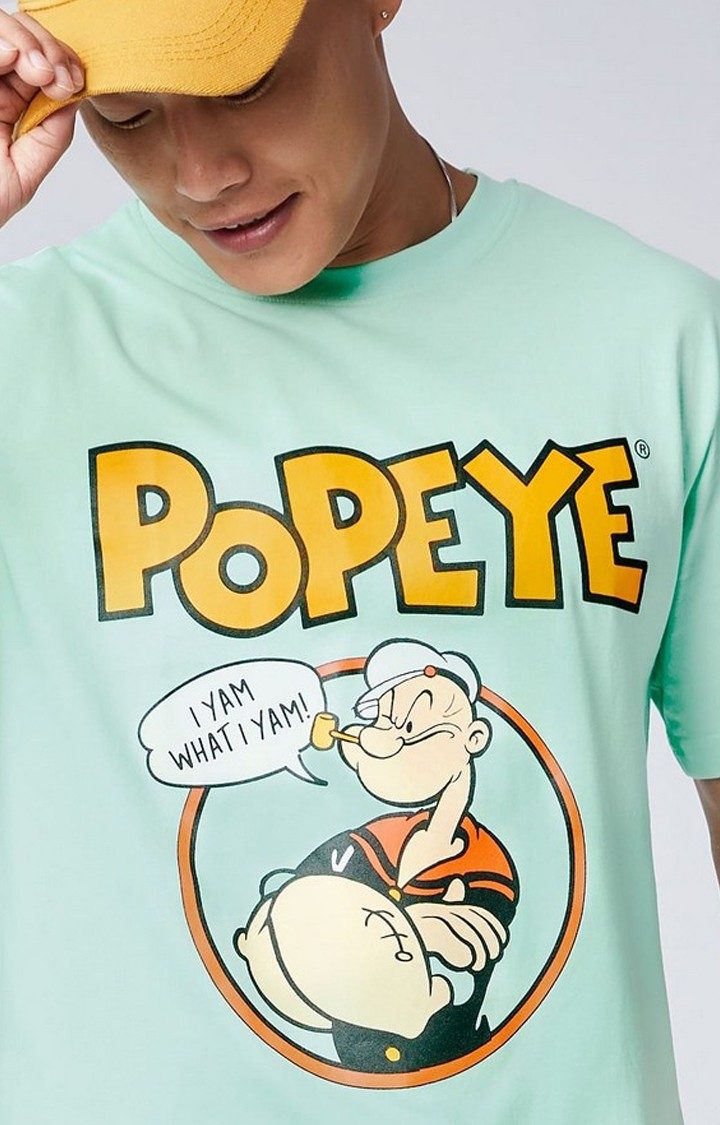 Men's Popeye: I Yam What I Yam Green Printed Oversized T-Shirt