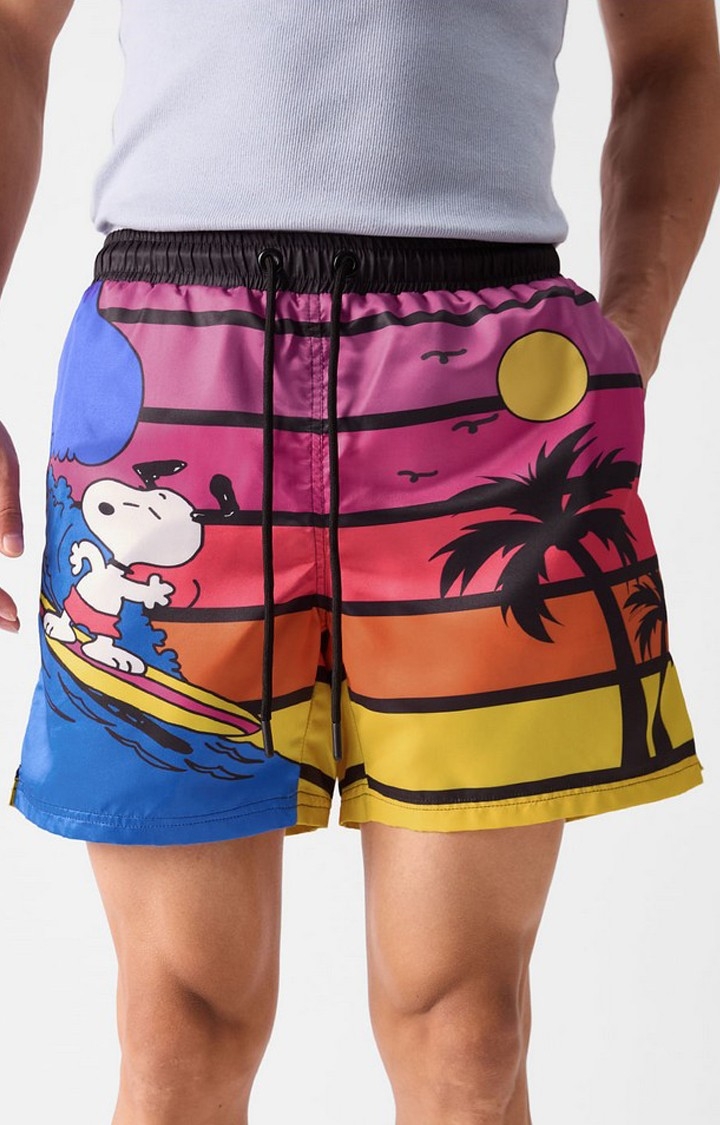 Men's Peanuts Surfing Snoopy Multicolour Polyester Printed Shorts