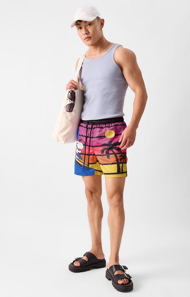 Men's Peanuts Surfing Snoopy Multicolour Polyester Printed Shorts