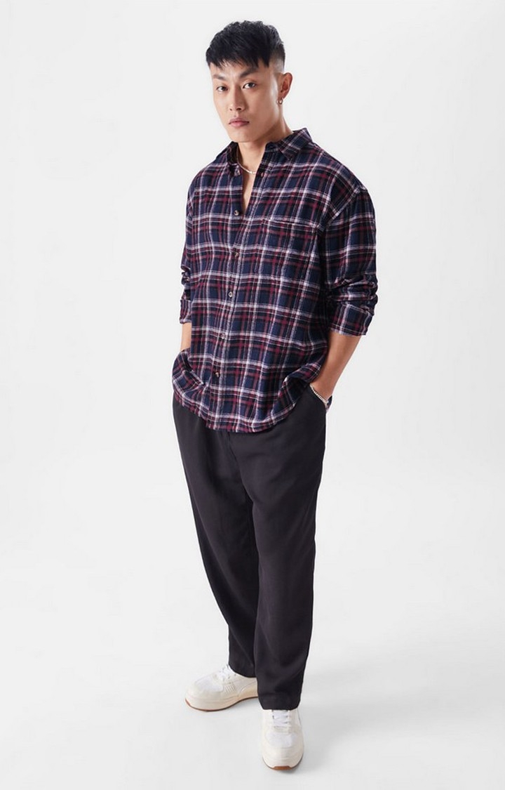 Men's Blue & Red Checked Oversized Shirt