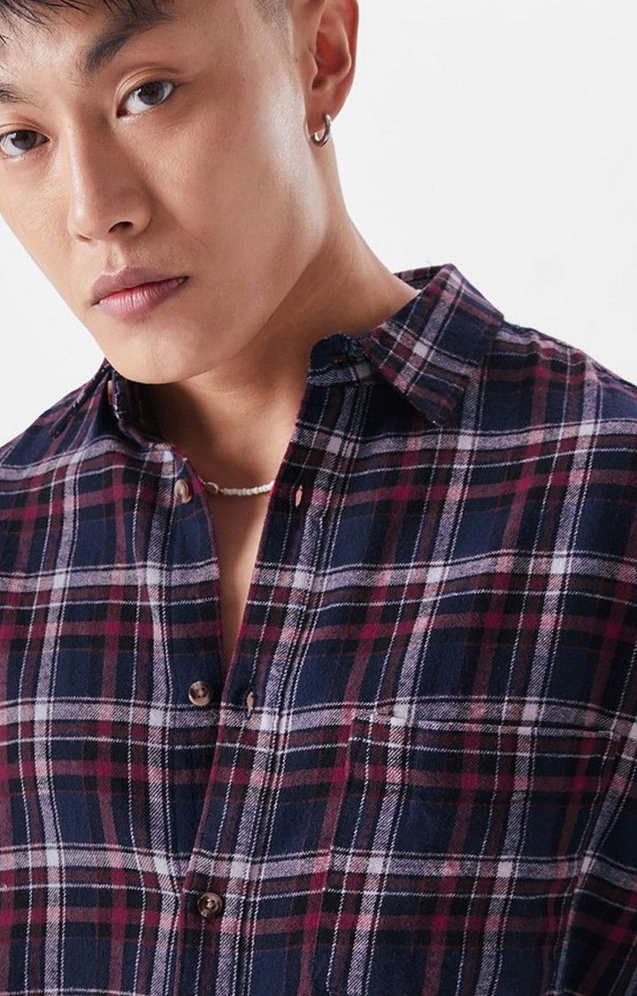 Men's Blue & Red Checked Oversized Shirt