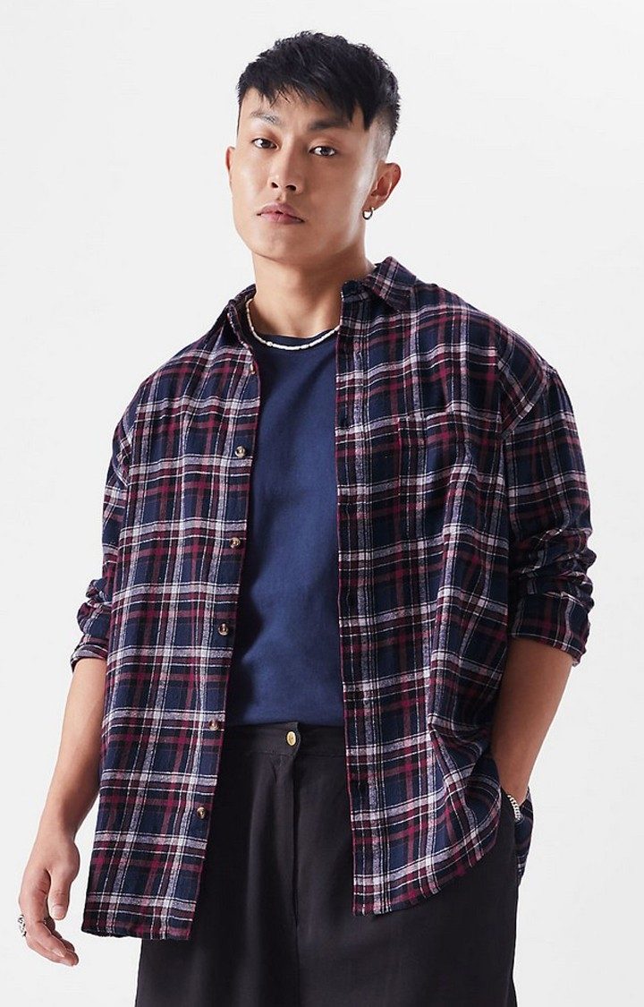 Men's Blue & Red Checked Oversized Shirt