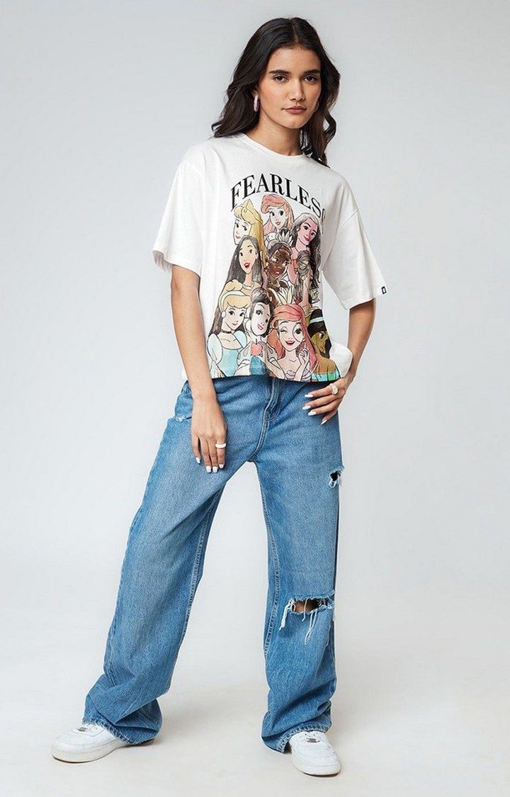 Women's Disney: Fearless White Printed Oversized T-Shirt