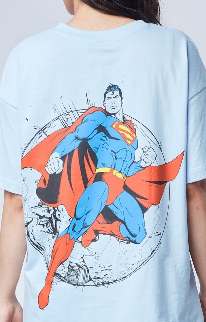 Hope Superman: Oversized Printed Graphic Blue T-Shirt Women\'s