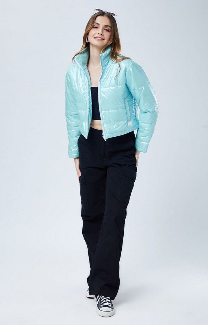 Women's Blue Solid Bomber Jacket