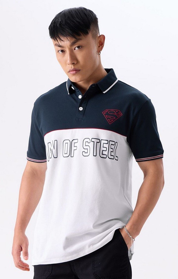 Men's Superman: Man Of Steel White & Blue Typographic Printed Polo T-Shirts