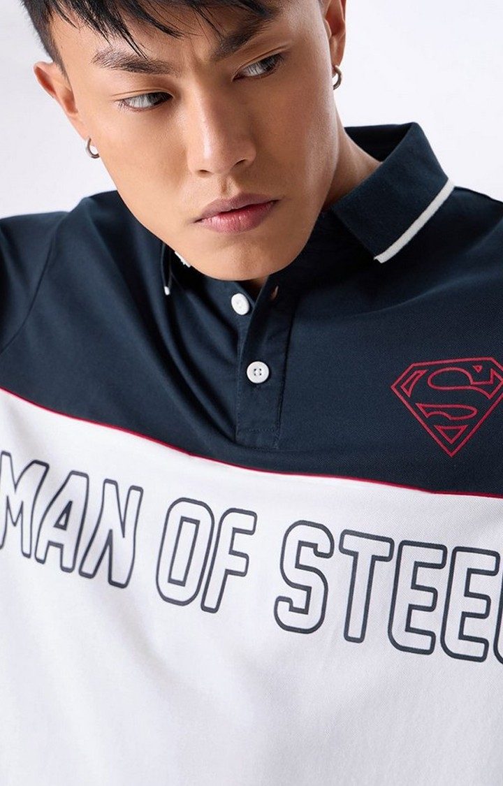 Men's Superman: Man Of Steel White & Blue Typographic Printed Polo T-Shirts
