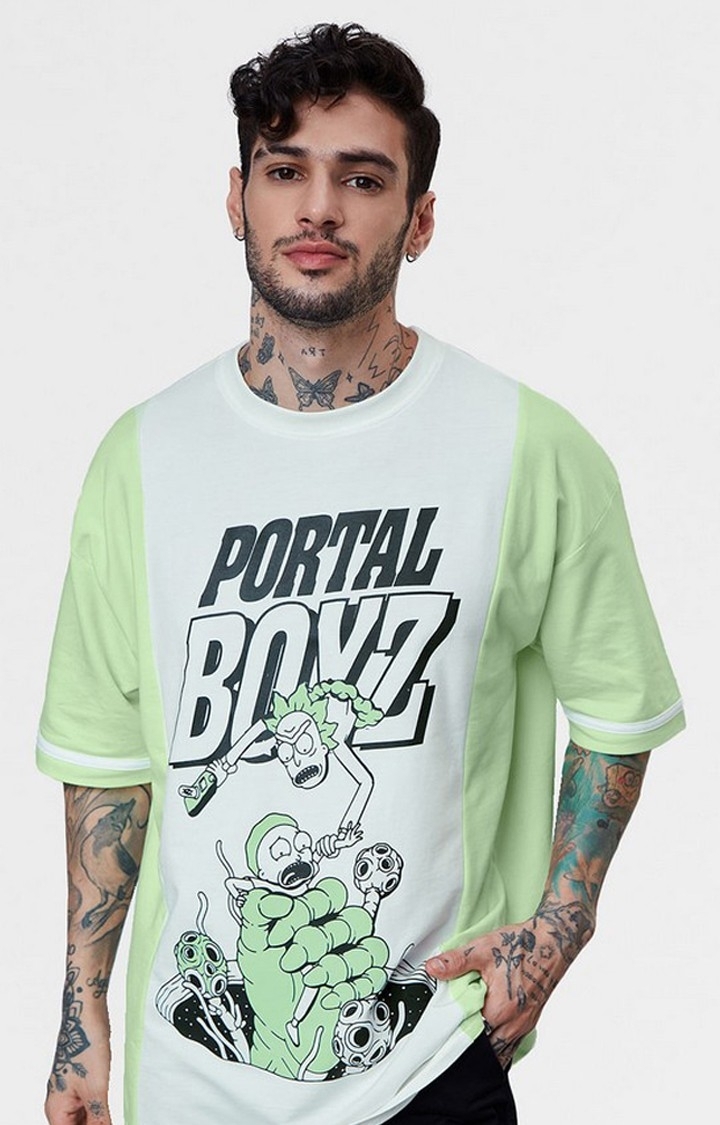 The Souled Store | Men's Rick And Morty: Portal Boyz Green & White Printed Oversized T-Shirt