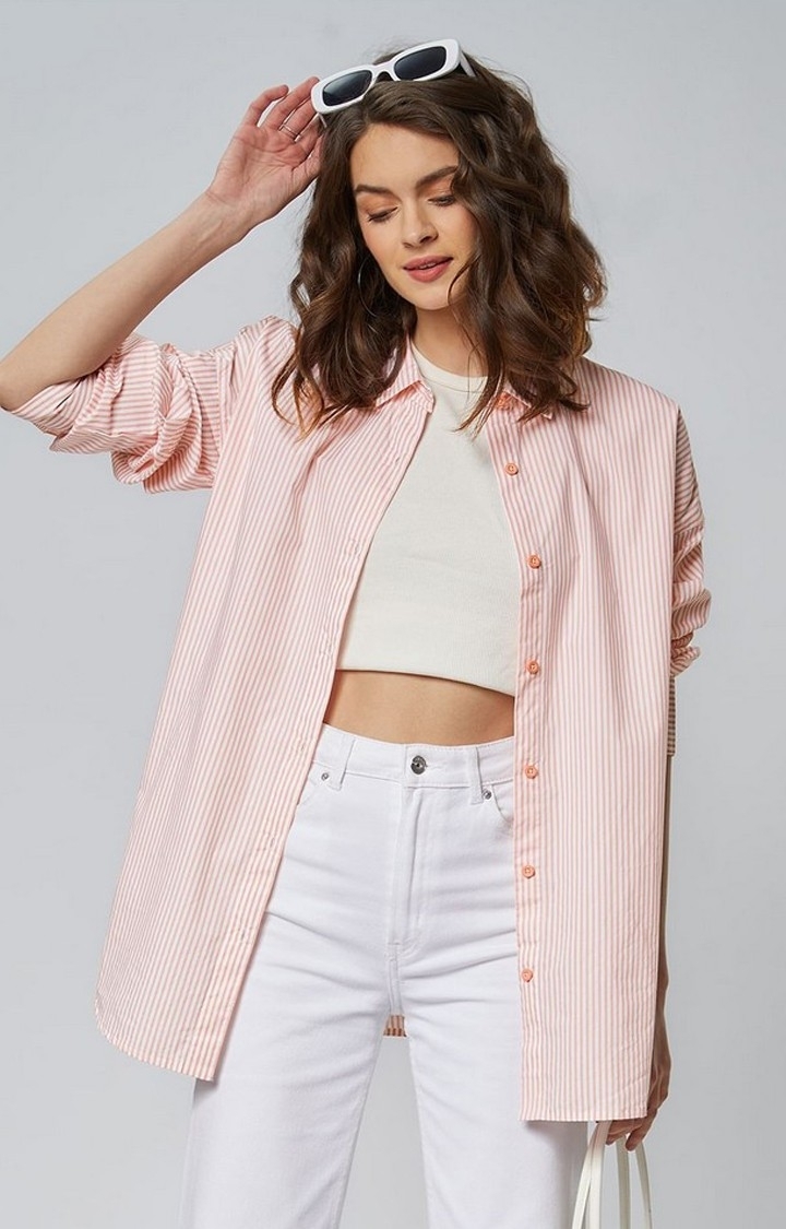 The Souled Store | Women's Pink Striped Oversized Shirt