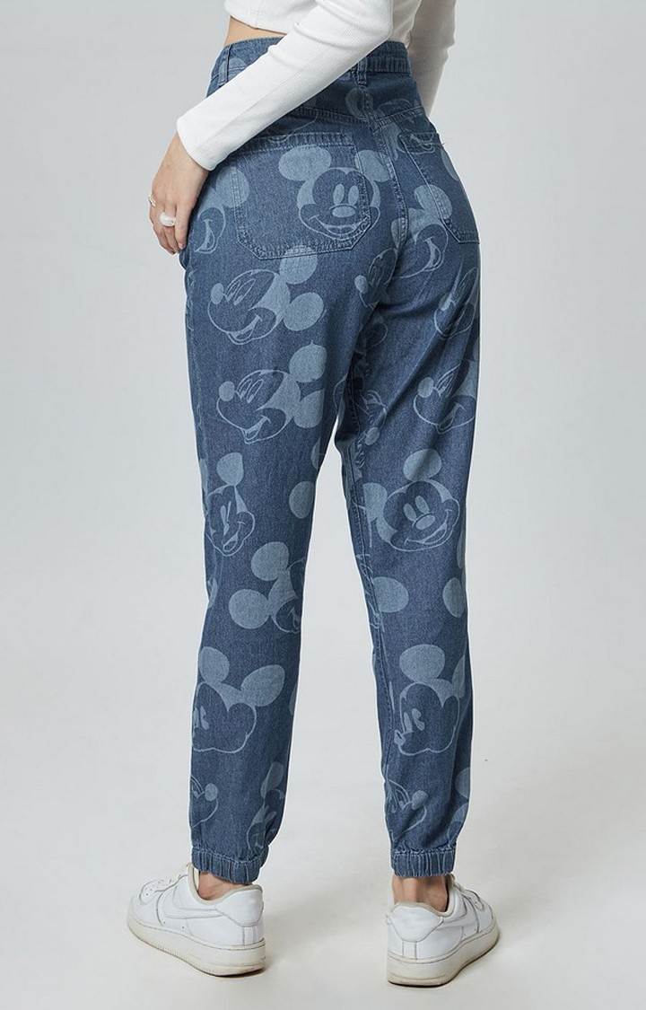 Women's Mickey Mouse Ice blue Cotton Printed Joggers