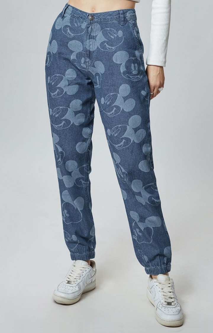 Women's Mickey Mouse Ice blue Cotton Printed Joggers