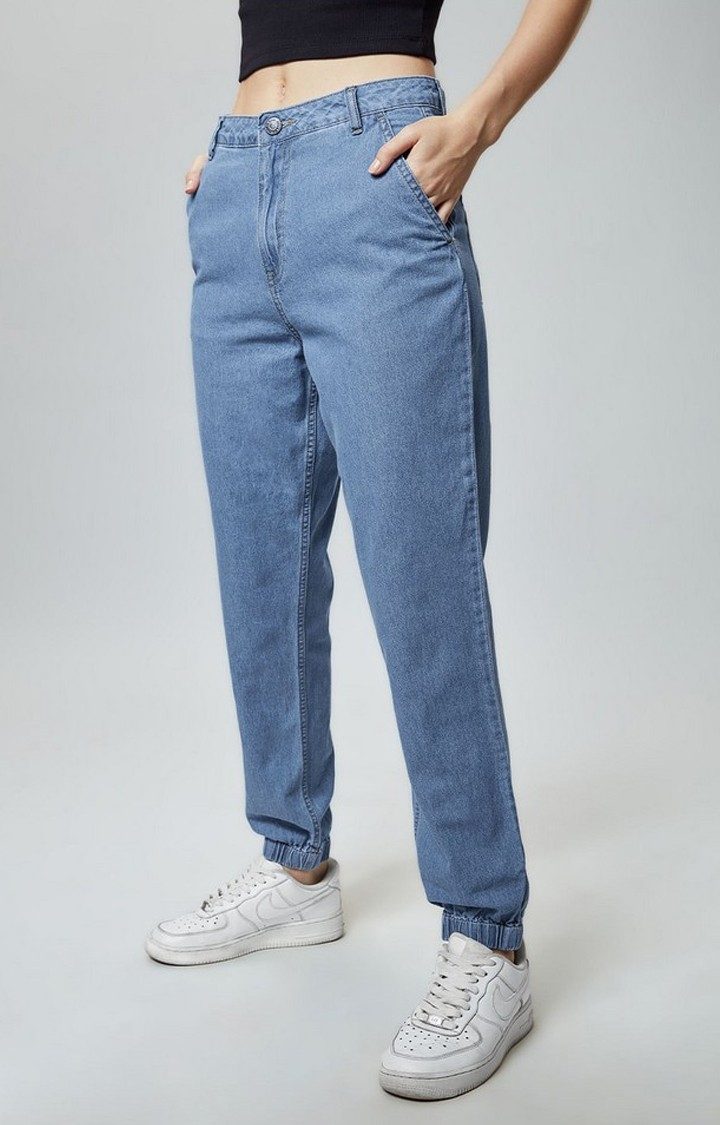 Women's  Blue Cotton Solid Joggers