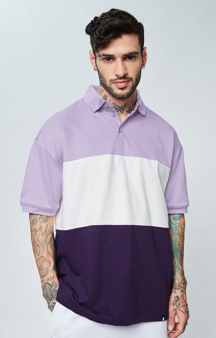 Men's Purple & White Colourblock Oversized T-Shirt