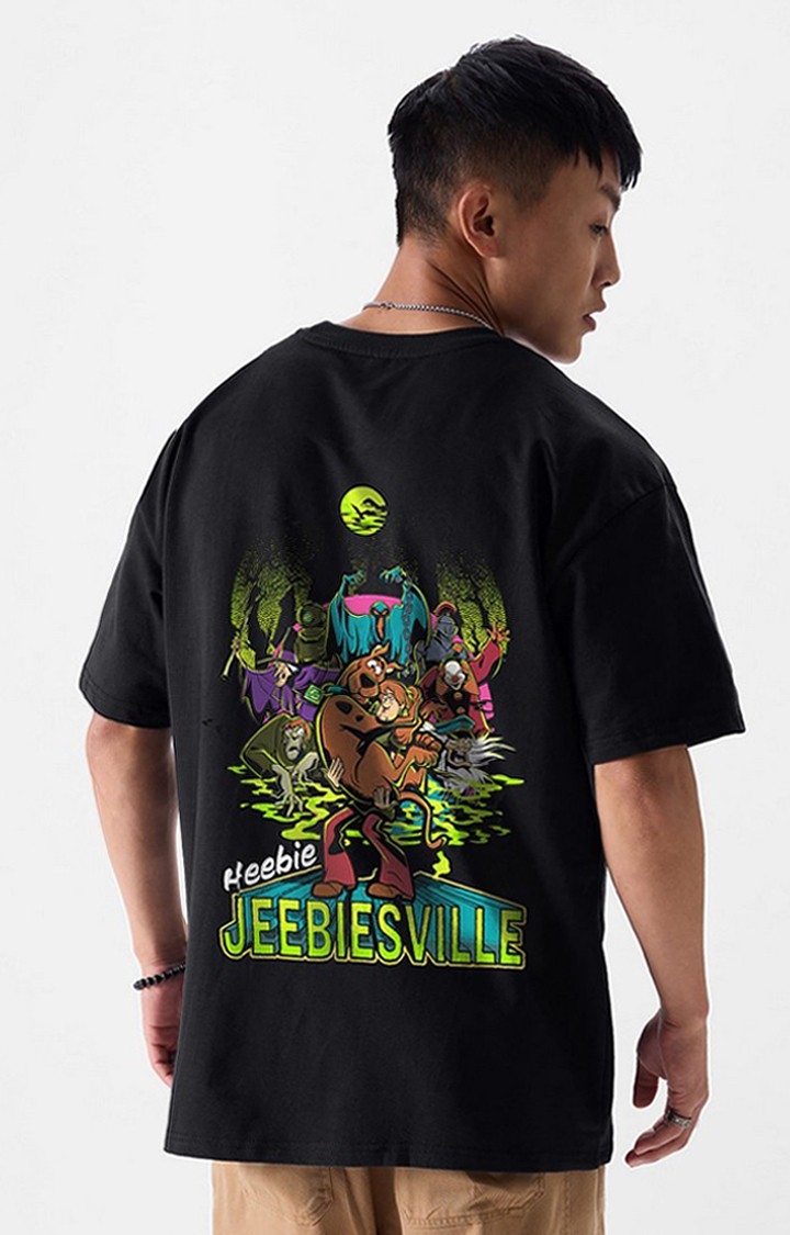 Men's Scooby Doo: Jeebiesville Black Graphic Printed Oversized T-Shirt
