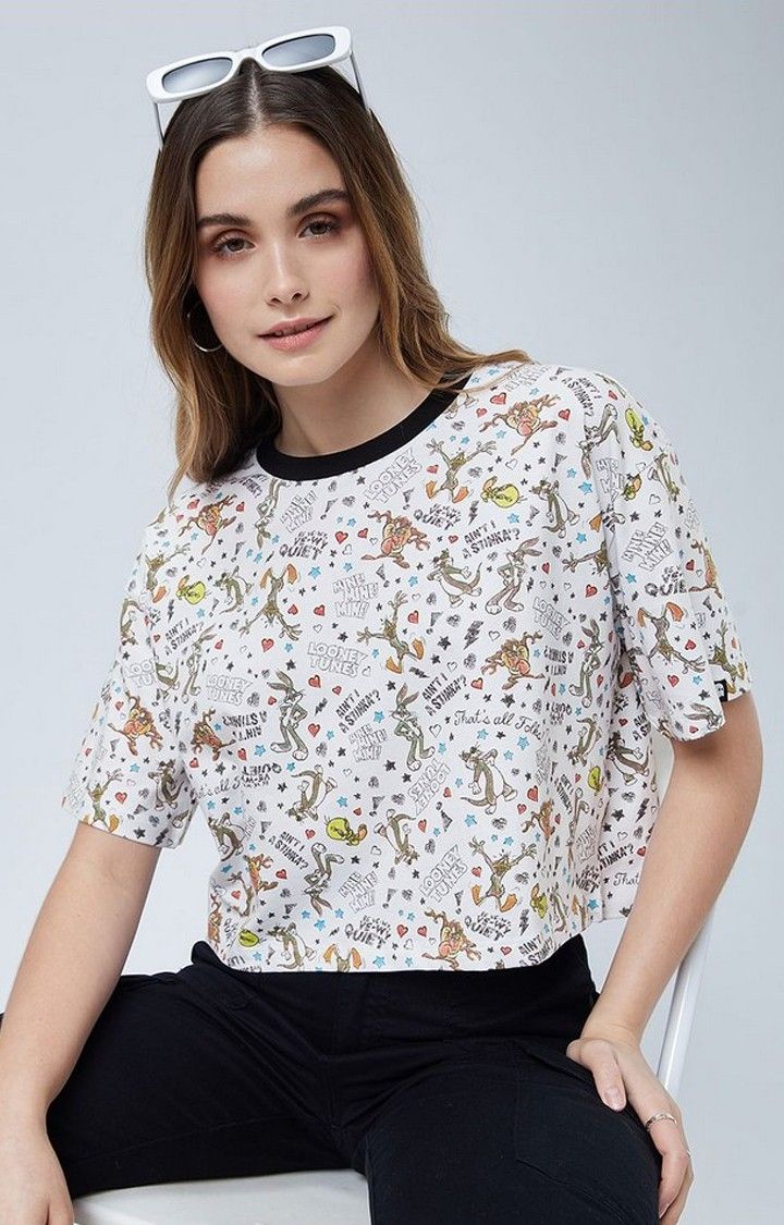 Women's Looney Tunes: Doodle Pattern White Printed Crop Top