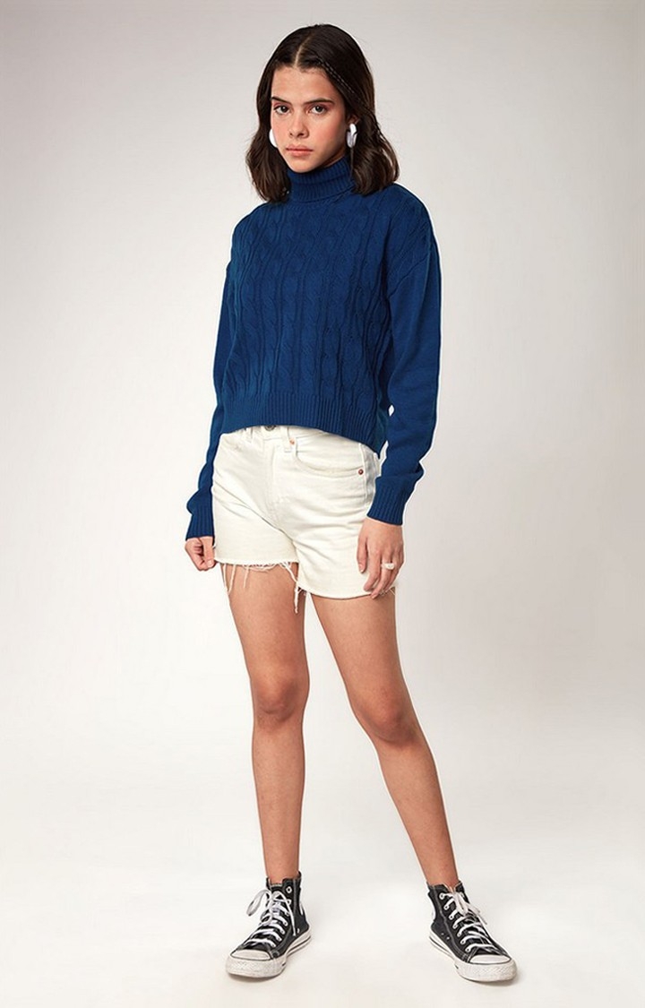 Women's Blue Solid Sweaters