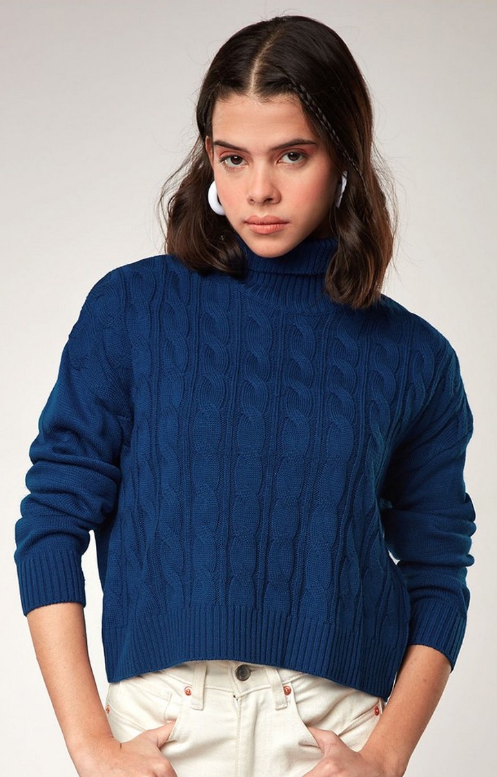 Women's Blue Solid Sweaters