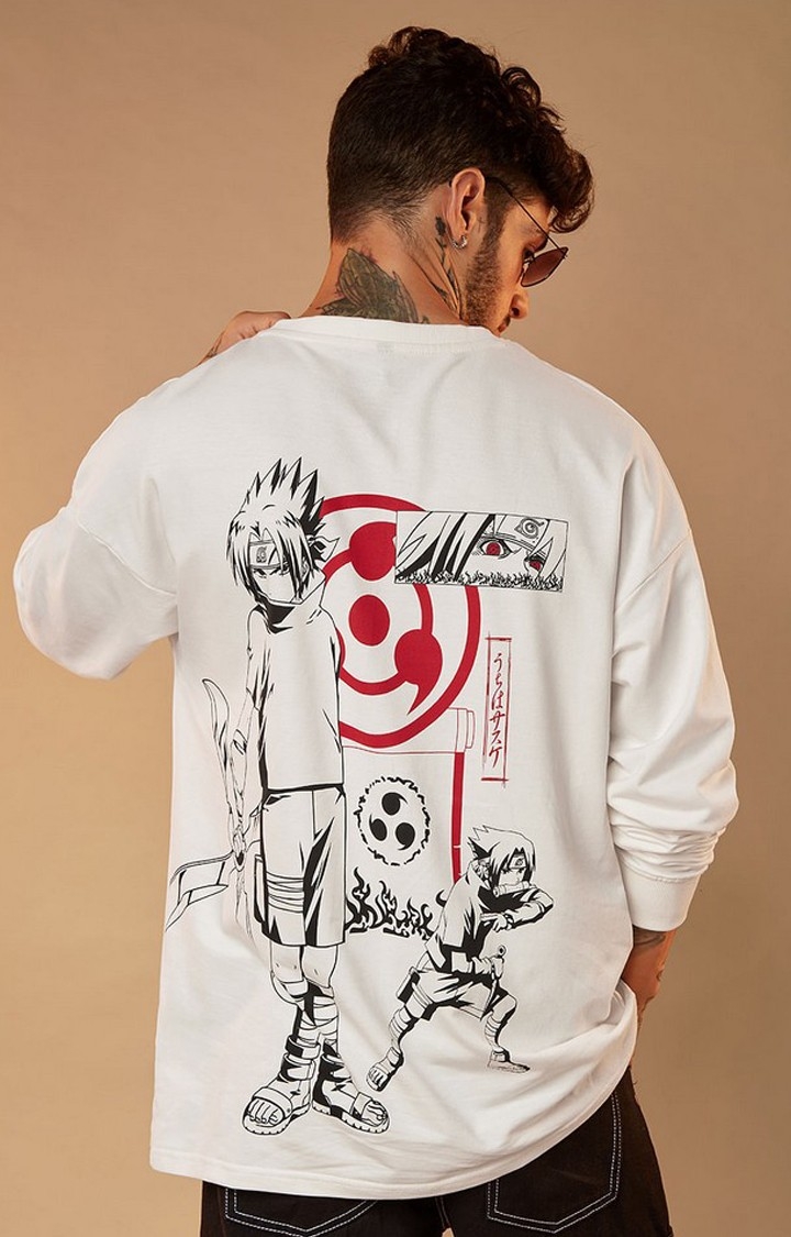 Men's Naruto: Uchiha Clan White Printed Oversized T-Shirt