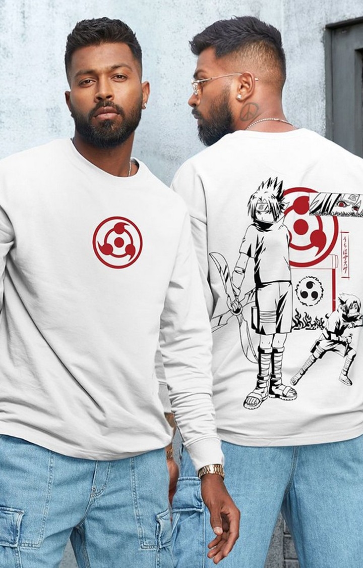 Men's Naruto: Uchiha Clan White Printed Oversized T-Shirt